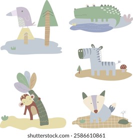 Set of cute animals in flat cartoon style. Hand drawn vector illustration. Suitable for any baby equipment design