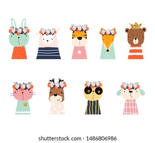 Set of cute animals with floral wreath. Kids graphic. Vector hand drawn illustration.