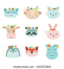 Set of cute animals with floral wreath. Raster illustration in flat cartoon style