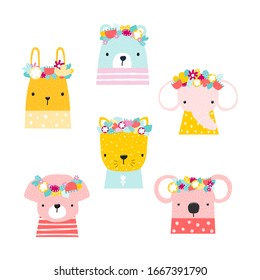 Set of cute animals with floral wreath. Vector hand drawn illustration.