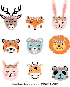 Set of cute animals in floral wreaths. Animal heads with flowers. A beautiful print for children's t-shirts.
