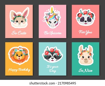 Set with cute animals and flower crowns. Use it for baby shower decor, birthday greeting cards, nursery flyers design. Vector cartoon illustration for children