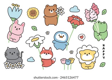 Set of cute animals with flower in various poses.Spring.Summer.Cartoon character.Rabbit,teddy bear,cat,fox,penguin,dog,frog hand drawn.Florals.Kawaii.Vector.Illustration.