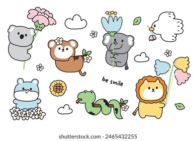 Set of cute animals with flower in various poses.Summer.Spring.Koala bear,monkey,hippopotamus,snake,lion,dove hand drawn.Cartoon character.Florals.Kawaii.Vector.Illustration.