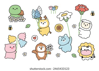 Set of cute animals with flower in various poses.Summer.Spring.Turtle,pig,owl,deer,bear,sheep,cow hand drawn.Cartoon character.Florals.Kawaii.Vector.Illustration.