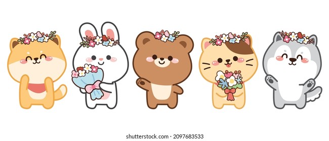 Set cute animals and flower wreath white background Spring Cartoon character design Shiba inu dog rabbit bear cat siberian Isolated Kawaii Vetor Illustration 