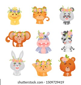 Set of cute animals with flowers on their heads. Vector illustration on a white background.