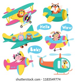 Set of cute animals flying on a airplanes hand drawn vector illustration