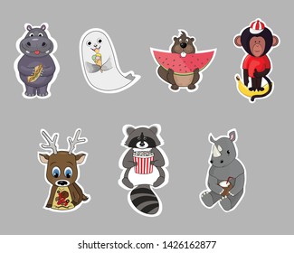 Set of cute animals with food, scrapbooking elements, stickers. Vector isolated illustration