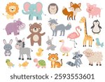 Set of cute animals. Forest, farm and tropical animals in cartoon style. Ideal kids design, for fabric, wrapping, textile, wallpaper, apparel