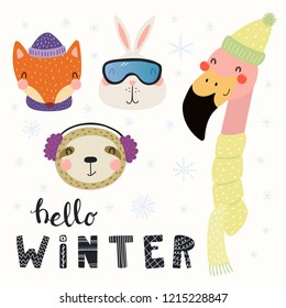 Set with cute animals fox, sloth, bunny, flamingo in warm hats, mufflers. Isolated objects on white background. Hand drawn vector illustration. Scandinavian style flat design. Concept children print.