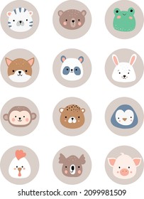 Set with cute animals: frog, rabbit, tiger, leopard, dog, bear, panda, pig, monkey and penguin. Collection of cartoon animals.