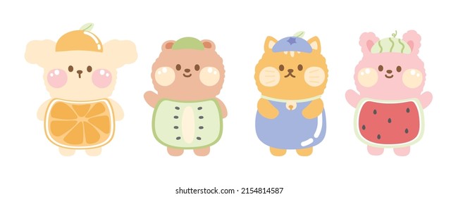 Set of cute animals in fruit costume on white background.Funny cartoon character design.Rabbit,cat,bear,dog hand drawn.Pastel.Kawaii.Vector.Illustration.