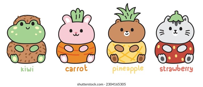 Set of cute animals in fruit and vegetable costume.Pet and wild animal chracter cartoon design collections.Kiwi,carrot,pineapple,strawberry.Kawaii.Vector.Illustration.