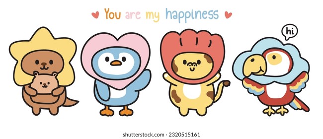 Set of cute animals in funny head costume with you are my happiness text.Wild and bird animal character design.kangaroo,penguin,giraffe,parrot hand drawn.Kawaii.Vector.Illustration.