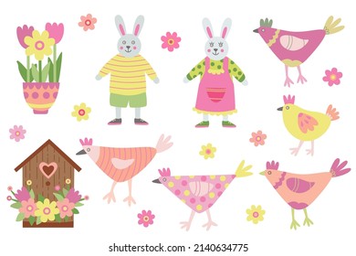 Set with cute animals. Funny hens, rabbit or bunny kids and daisy flowers. Spring hand drawn flat vector illustration. Great for Easter design.