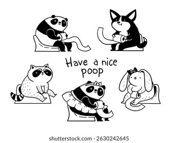 Set süßer Tiere. Lustiger Panda, Hase, Waschbär und Corgi auf Kammertöpfen. Handgezeichnete Vektorgrafik.
