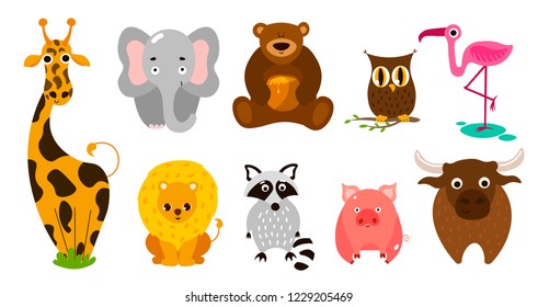 Set of cute cute animals. Giraffe, lion, elephant, pig, bull, bear, owl.