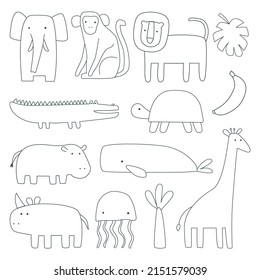 A set of cute animals giraffe, lion, monkey, elephant, crocodile, hippo, whale and turtle made in handmade lines. Vector illustration waiting for printing. Cute baby background
