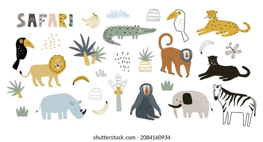 Set with cute animals giraffe, rhinoceros, leopard, crocodile, zebra, monkey and elephant, toucan on a palm tree. Vector illustration for printing.Cute baby background.