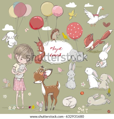 set with cute animals and girl