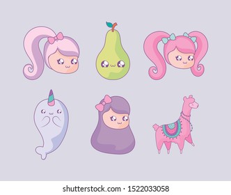 set of cute animals with girls and pear fruit kawaii vector illustration design