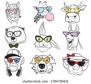 Conjunto de lindos animales con gafas. Colección de mascotas con gafas de sol brillantes. Accesorios elegantes. Ilustración vectorial de una tienda. Dibujar con niños.