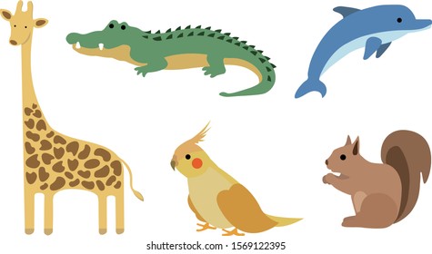 A set of cute animals graphic - giraffe, cockatiel, crocodile, dolphin, squirrel