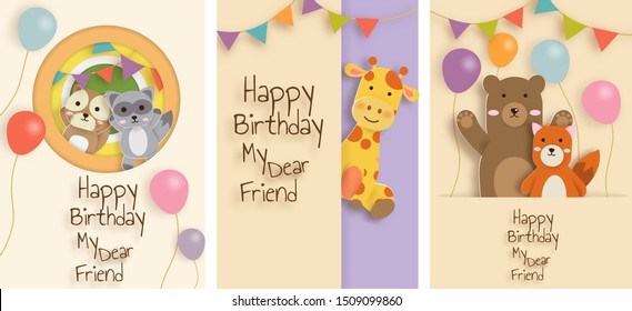 set of cute animals greeting card .cute animals celebrating Birthday for birthday card , template card  in paper cut and craft style .