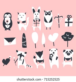 Set of cute animals for greeting card penguin, cat, rabbit, raccoon, owl, fox, pug, dog, bear in blue colour for Christmas or Valentine's day postcard with flower and gifts, trees  Scandinavian style