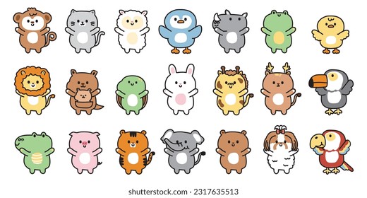 Set of cute animals in greeting poses stand on white background.Kid graphic.Wild,pet,reptile,farm animal character design collection.Kawaii.Vector.Illustration.