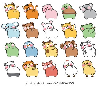 Set of cute animals greeting show back side on white background.Character cartoon hand drawn collection.Wild,farm,pet,reptile animal design.Kawaii.Vector.Illustration.