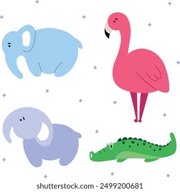Conjunto de animales lindos en estilo plano dibujado a mano. Cocodrilo, flamenco, elefante aislado sobre fondo blanco. Ilustración vectorial. Niños, gráfico infantil. Granja, salvaje, zoológico, animales del bosque.
