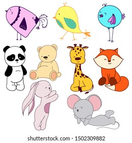 Set of cute animals. Hand drawn vector characters. Birds, panda, fox, giraffe and others. Ideal for children's textiles, sets, posters and educational games