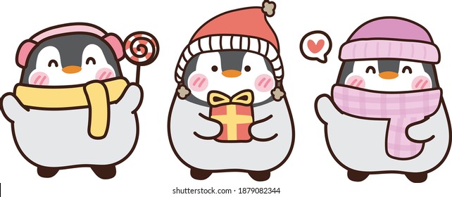 Set of cute animals hand drawn in christmas concept.Penguin cartoon.Kid graphic design.Isolated objects on white background.Winter.Kawaii.Vector.Illustration.Illustrator.