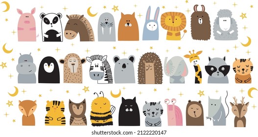 Set of cute animals. Hand drawn vector colorful  illustration. Ideal kids design for fabric, wrapping, textile, wallpaper, apparel. Childish Illustration.