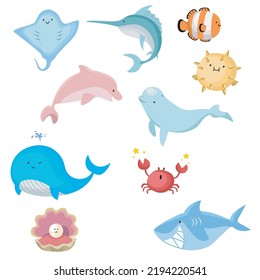 Set of cute animals. Hand drawn characters. Sweet funny animals. Collection for prints poster or sticker. Vector illustration.