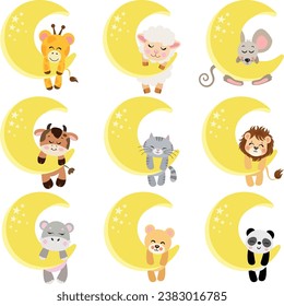 Set of cute animals hanging on yellow moon