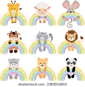 Set of cute animals hanging on magic rainbow
