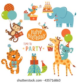 Set of cute animals for happy birthday design
