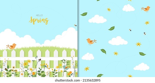 Set of cute animals happy on springtime with seamless pattern,for kid product,fashion,fabric,textile,print,banner,greeting card or surface design,vector illustration
