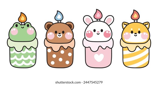 Set of cute animals head candle cartoon hand drawn.Lighting.Frog.Bear.Rabbit.Shiba inu dog.Image for card,poster,party birthday,celebrate.Kawaii.Vector.Illustration.