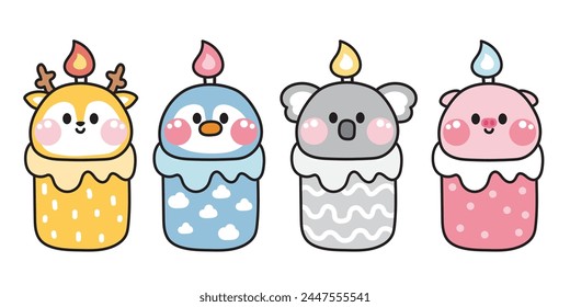 Set of cute animals head candle cartoon hand drawn.Lighting.Deer.Penguin.Koala bear.Pig.Image for card,poster,party birthday,celebrate.Kawaii.Vector.Illustration.