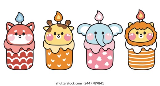 Set of cute animals head candle cartoon hand drawn.Lighting.Fox.Giraffe.Elephant.Lion.Image for card,poster,party birthday,celebrate.Kawaii.Vector.Illustration.