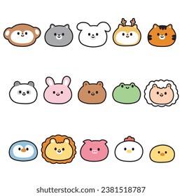 Set of cute animals head cartoon hand drawn.Kid graphic.Zoo,farm,reptile,rodent,pet animal hand drawn collection.Kawaii.Vetor.Illustration.