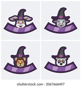 Set Cute Animals Head Character. For Logo, Icon, badge, emblem and label with Witch Hat. Rabbit, Rhino, Lion and Panda. Vector And Illustration.
