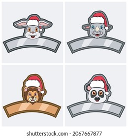 Set Cute Animals Head Character. For Logo, Icon and label with Christmas Hat. Rabbit, Rhino, Lion and Panda. Vector And Illustration.