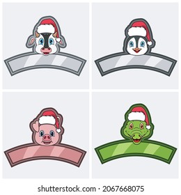 Set Cute Animals Head Character. For Logo, Icon and label with Christmas Hat. Owl, Cow, Pig and Crocodile. Vector And Illustration.
