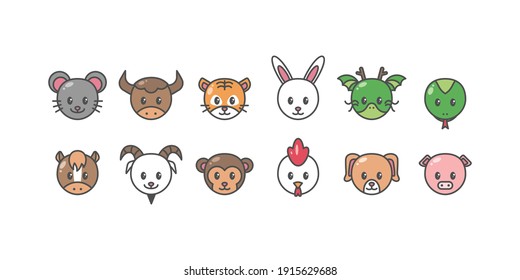 Set of Cute Animals Head Filled Color Icon. Chinese Zodiac Vector Illustration.