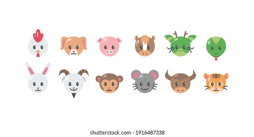 Set of Cute Animals Head Flat Icon. Chinese Zodiac Vector Illustration.